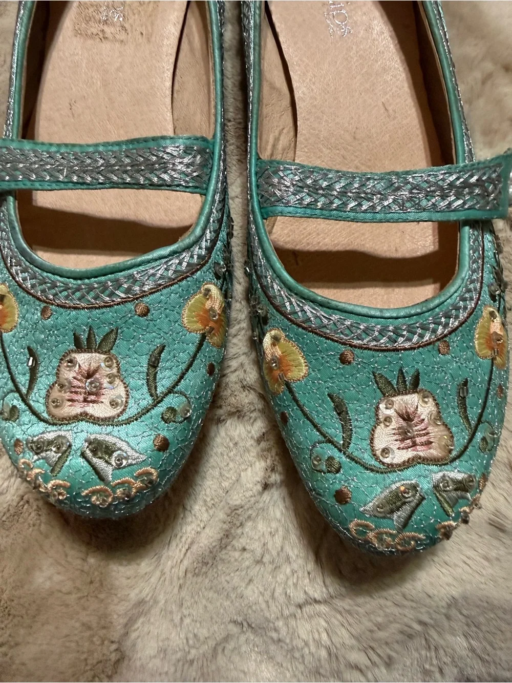 Two Lips Teal Embroidered Mary Jane Flats
